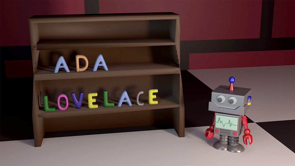 Illustration: Dreidimensionale Szene mit Roboter und dem Schriftzug Ada Lovelace, programmiert mit Blender